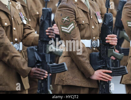 Her Majesty Queen Elizabeth presents leeks to the 1st Battalion Royal Welsh to mark St. David's Day at Jellalabad Barracks in Tidworth  Featuring: Atmosphere Where: Tidworth, United Kingdom When: 03 Mar 2017 Stock Photo