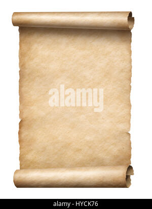 Old paper manusript scroll isolated on white vertically oriented Stock Photo