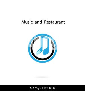 Spoon and fork icon with Musical note vector logo design template.Music and Restaurant Template Design.Design for greeting Card,Poster,Flyer,Cover,Bro Stock Vector