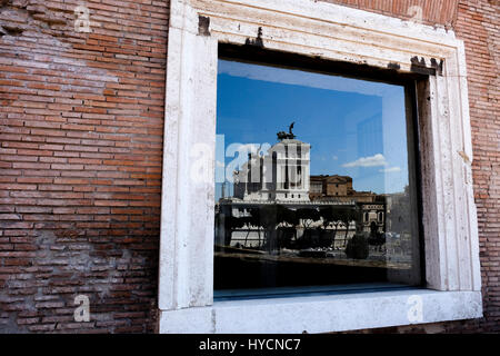 Reflection of the Victor Emmanuel II Monument seen from a window in the Roman Forum in Rome, Italy. Stock Photo