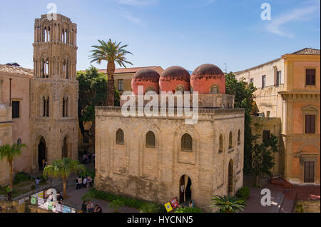 Landscape view of Santa Maria dell'Ammiraglio (La Martorana) and San Cataldo Church in Palermo, Italy with its Arabic influences. Stock Photo