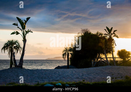 Beautiful sunset landscape on the tropical beach with palms in sardegna italy Stock Photo