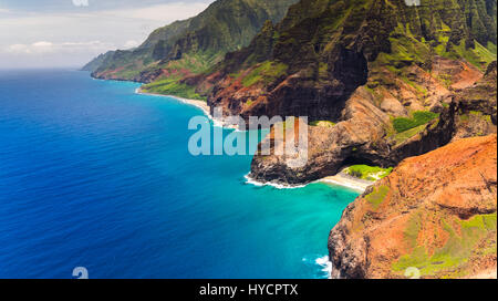 Aerial landscape view of Honopu Arch at Na Pali coastline, Kauai, Hawaii, USA Stock Photo