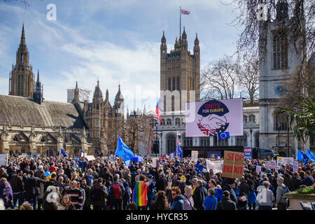 25th March 2017 - 100,000 people march in London against Brexit on the EU 60th anniversary. Huge crowds gather in Parliament Square Stock Photo