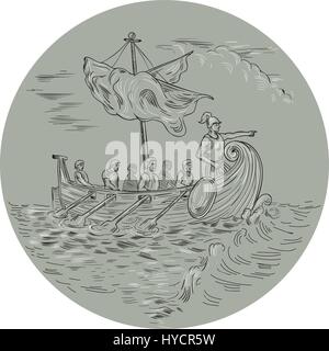Drawing sketch style illustration of an ancient Greek trirema warship ship with mariners rowing and navigator pointing forward sailing on rough Medite Stock Vector