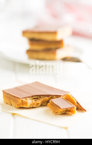 Sweet caramel dessert on white table. Stock Photo
