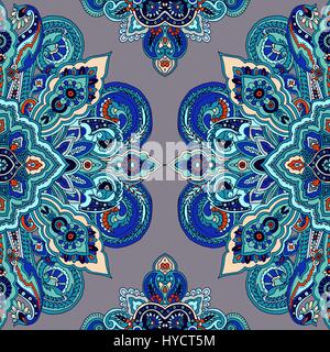 Abstract circular geometric paisley pattern. Traditional oriental mandala ornament. Teal tones on gay background. Textile design. Stock Vector