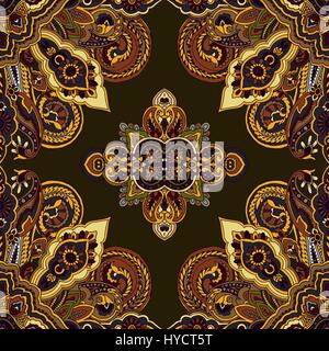 Abstract circular geometric paisley pattern. Traditional oriental mandala ornament. Amber golden on green background. Textile design. Stock Vector