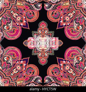 Abstract circular geometric paisley pattern. Traditional oriental mandala ornament. Vivid colors on dark gray background. Textile design. Stock Vector