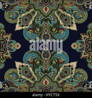 Abstract circular geometric paisley pattern. Traditional oriental mandala ornament. Vintage green tones on dark blue background. Textile design. Stock Vector
