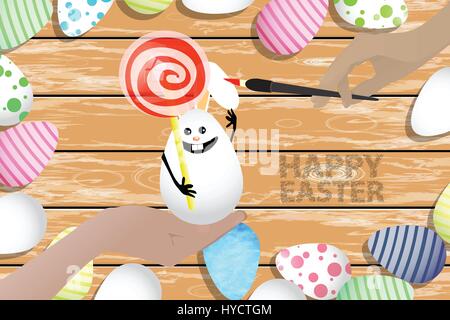 Easter is a perfect illustration for your design. Easter bunny - egg with lollipop in shape ball spiral red-white in hands on a wooden table backgroun Stock Vector