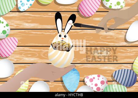 Easter is a perfect illustration for your design. Easter bunny - egg with chocolate cake in hand on a wooden table background in a pile of painted egg Stock Vector