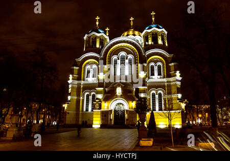 St Volodymyr's Cathedral at night. Kyiv, Ukraine. It is one of the city's major landmarks and the mother cathedral of the Ukrainian Orthodox Church Stock Photo