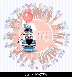 Easter cute illustration. Rabbit-egg in captain s uniform with a balloon in hands, on a circle background with silhouette of people with gifts and wit Stock Vector
