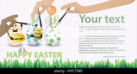 Easter illustration with place for text. Rabbit-eggs with an air balloon, a bun, and a three-layered hamburger in the hands, against a striped horizon Stock Vector