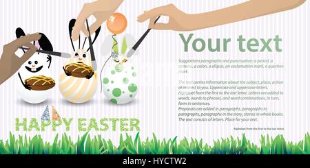 Easter illustration with place for text. Rabbit-eggs with an air balloon, and two chocolate cupcakes in their hands, against a striped horizontally or Stock Vector