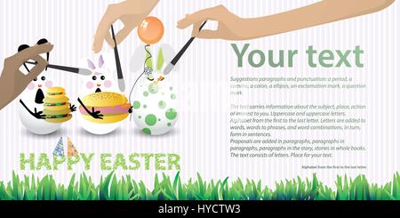 Easter illustration with place for text. Rabbit-eggs with an air ball, burger of three layers and a bun with sausage and mustard in the hands, against Stock Vector