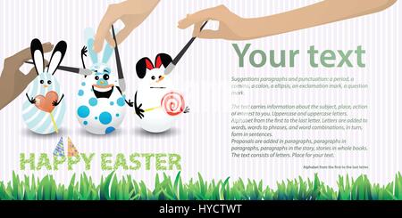 Easter illustration with place for text. Rabbit-eggs with a balloon of air and red sweets in their hands, against the background of a striped horizont Stock Vector