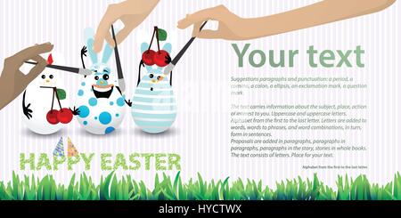 Easter illustration with place for text. Rabbit-eggs with a balloon of air and cherries red in the hands, against the background of a striped horizont Stock Vector