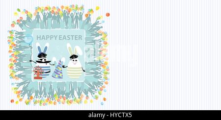 Easter illustration with place for text. Rabbits captain and sailors with a balloon air and a ship s steering wheel, against a striped horizontally or Stock Vector