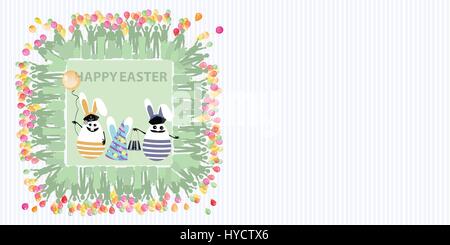 Easter illustration with place for text. Rabbits sailors with a balloon of air and binoculars, a girl and a man, against a striped horizontally orient Stock Vector