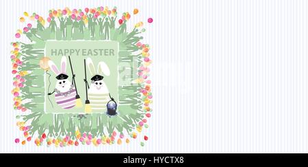 Easter illustration with place for text. Rabbits sailors with an air ball and mop for cleaning against a striped horizontally oriented sheet and a squ Stock Vector