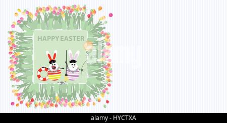 Easter illustration with place for text. Rabbits sailors with a balloon of air and life buoy and a broom against the background of a striped horizonta Stock Vector