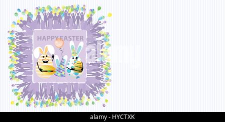 Easter illustration with place for text. Eggs with an air ball and fast food burgers against a striped horizontally oriented leaf and a square frame Stock Vector