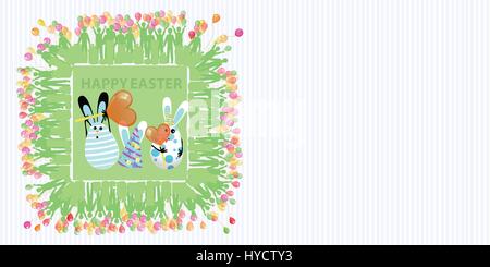 Easter illustration with place for text. Eggs with an air balloon, candies on a heart shaped stick and a cap on the background of a striped horizontal Stock Vector