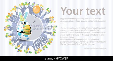 Easter illustration with place for text. Egg with rabbit ears and a three layer sandwich on a background of a striped horizontally oriented leaf and a Stock Vector