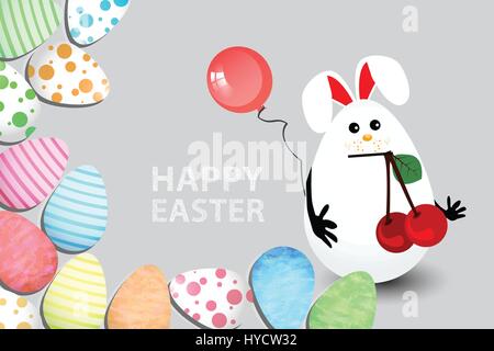 Easter cartoon illustration on a gray background. Cheerful egg with rabbit ears with a red cherry in the teeth against a background of colorful Easter Stock Vector