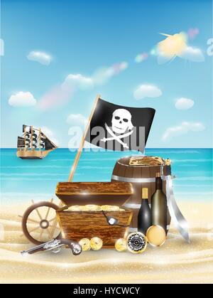 pirate treasure on a sand beach with bright sea Stock Vector