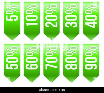 Set of Popular Ribbons with different percentages of discount. Realistic modern style. Blue color. Vector Isolated on white background. Stock Vector