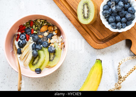 Blueberries,Kiwi,Almond,Goji berries and  Chia seed on Greek yogurt Stock Photo