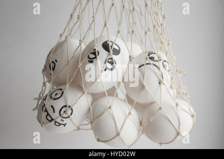 Eggs in a grid photo for your design. Funny and cute with faces Stock Photo