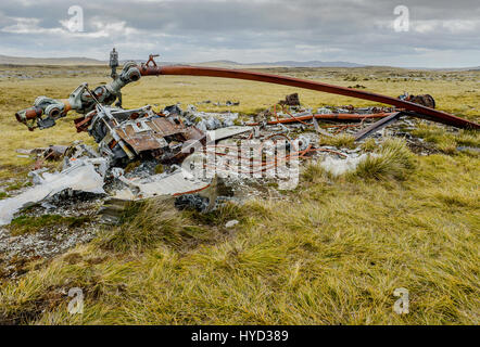 FALKLANDS: Argentinian helicopter crash site. ON the thirty-fifth anniversary of the devastating 1982 Falklands war, poignant images offer a glimpse into the conflict’s helicopter crash sites. Emotion-evoking pictures show the war graves where brave soldiers who gave their lives for their beloved nation were buried.  Captured by creative director Dan Bernard (49), these photographs display the remains of the Atlantic Conveyor, Chinook, and Puma helicopters, as well as the Eton range and the San Carlos memorial.  Dan Bernard / mediadrumworld.com Stock Photo
