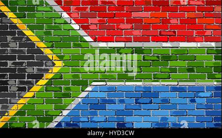 Flag of South Africa on a brick wall - Illustration,  South African flag on brick textured background,  Abstract grunge mosaic vector Stock Vector