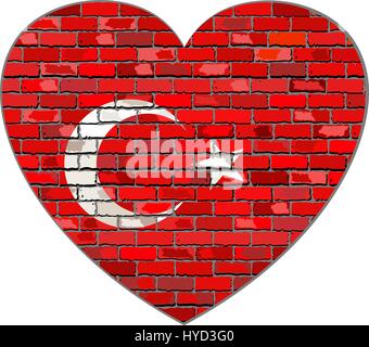 Flag of Turkey on a brick wall in heart shape - Illustration, Turkish flag in brick style,  Abstract grunge Turkey flag Stock Vector
