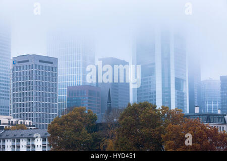 , Germany, Hesse, Frankfurt, the skyscrapers of the financial district in fog. Stock Photo