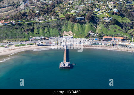 Aerial of Malibu Pier State Park and Pacific Coast Highway near of Los Angeles California.