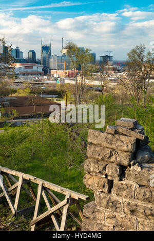 Ruins of Civil War Fort Negley with the skyline of Nashville, Tennessee, USA Stock Photo