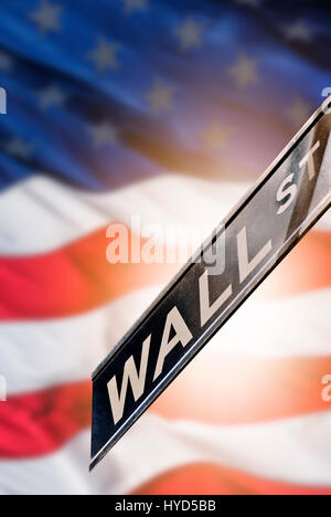 USA, New York State, New York City, Wall street sign with American Flag Stock Photo