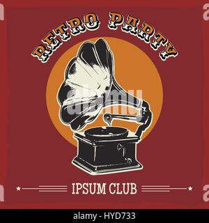 Vintage party poster with old gramophone. Vector illustration in retro style. Stock Vector