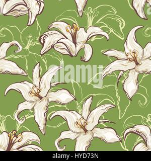 Seamless vector floral pattern. Lilies flowers on a green background. Stock Vector