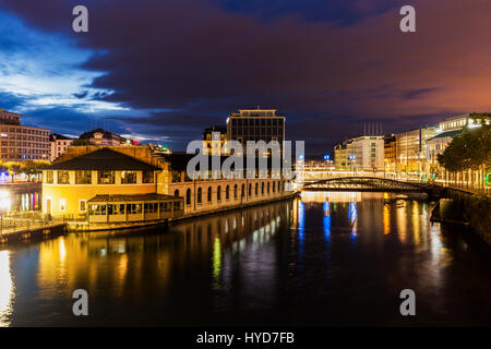 Architecture of Geneva along Rhone River Geneva, Switzerland. Stock Photo