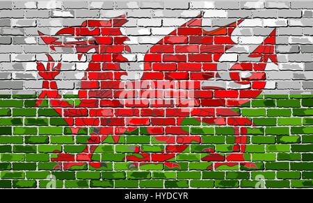 Flag of Wales on a brick wall - Illustration, Grunge flag of Wales - Y Ddraig Goch (The Red Dragon), The Welsh Dragon in brick style Stock Vector