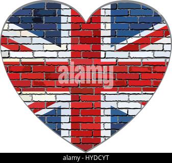Great Britain flag on a brick wall in heart shape - Illustration, Flag of United Kingdom in brick style,  Abstract grunge United Kingdom flag Stock Vector