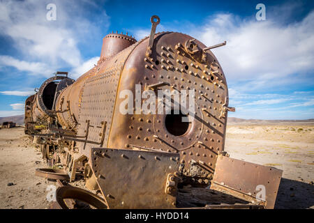 Abandoned rusty old train in train cemetery, Bolivia Stock Photo