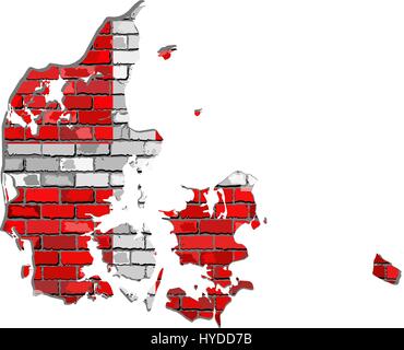 Denmark map on a brick wall - Illustration,  Map of the Denmark with flag inside,  Danish map on a brick wall Stock Vector