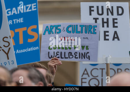 New York, USA. 3rd Apr, 2017. Supporters of New York City's cultural institutions and programs held a rally on the steps of City Hall to denounce cuts to funding for the National Endowment for the Arts and National Endowment for the Humanities contained in the current proposed Federal Budget platform. Credit: PACIFIC PRESS/Alamy Live News Stock Photo